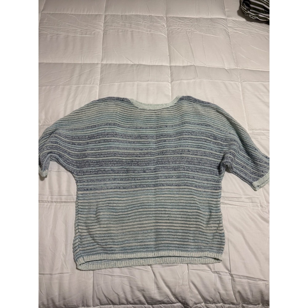 Pure Jill J. Jill Blue Striped Cotton Linen Open Knit Sweater Medium Petite